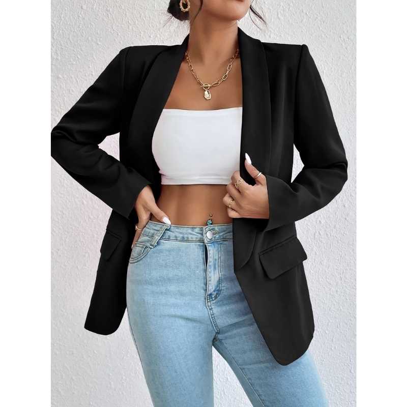 Blazer Preto Feminino Alfaiataria Casual Hilda